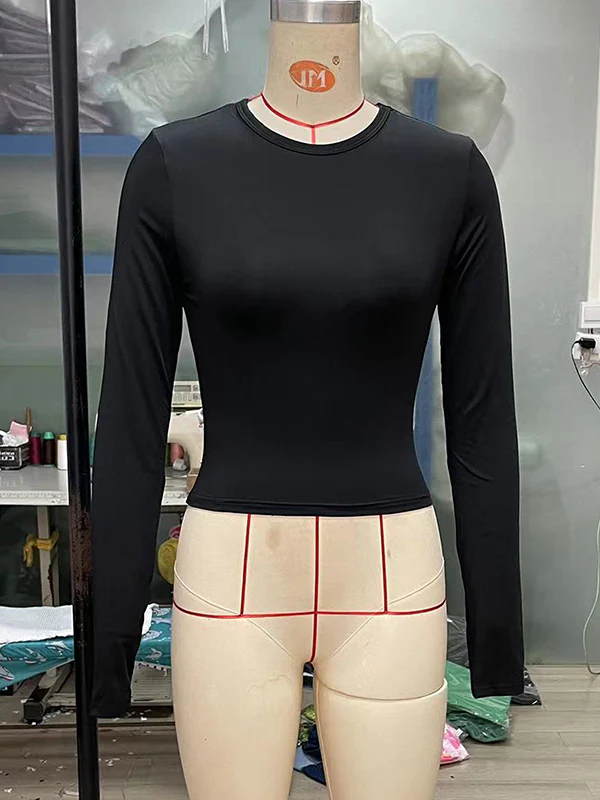 Long Sleeves Skinny Hollow Solid Color Round-Neck T-Shirts Tops - Image 23