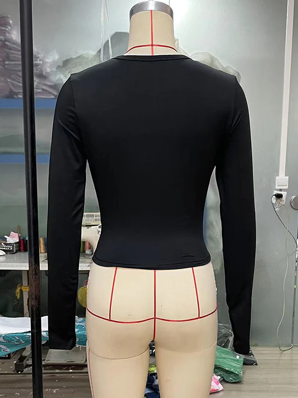Long Sleeves Skinny Hollow Solid Color Round-Neck T-Shirts Tops - Image 24