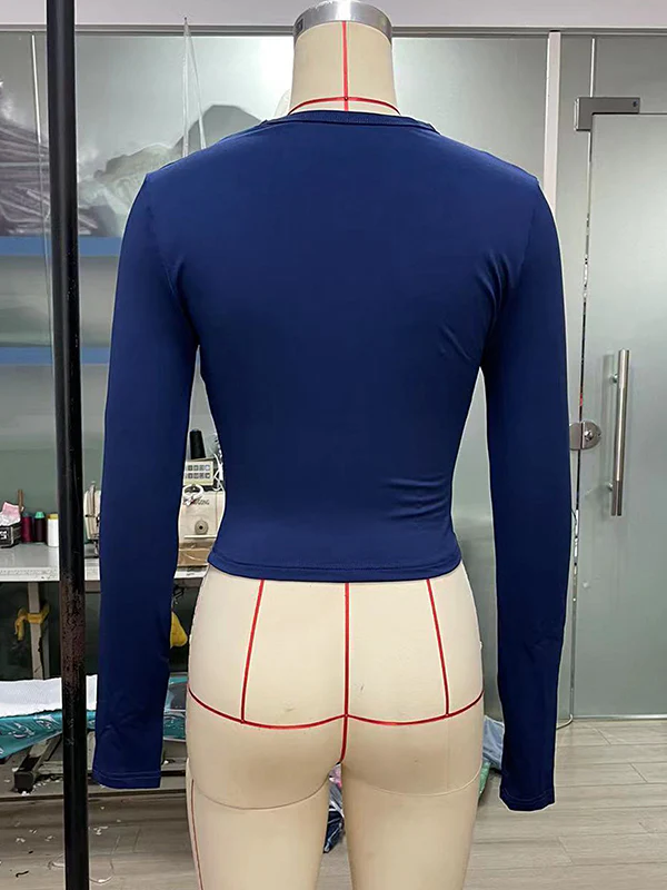 Long Sleeves Skinny Hollow Solid Color Round-Neck T-Shirts Tops - Image 26