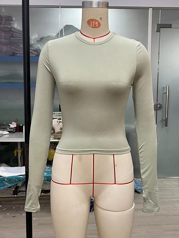 Long Sleeves Skinny Hollow Solid Color Round-Neck T-Shirts Tops - Image 27