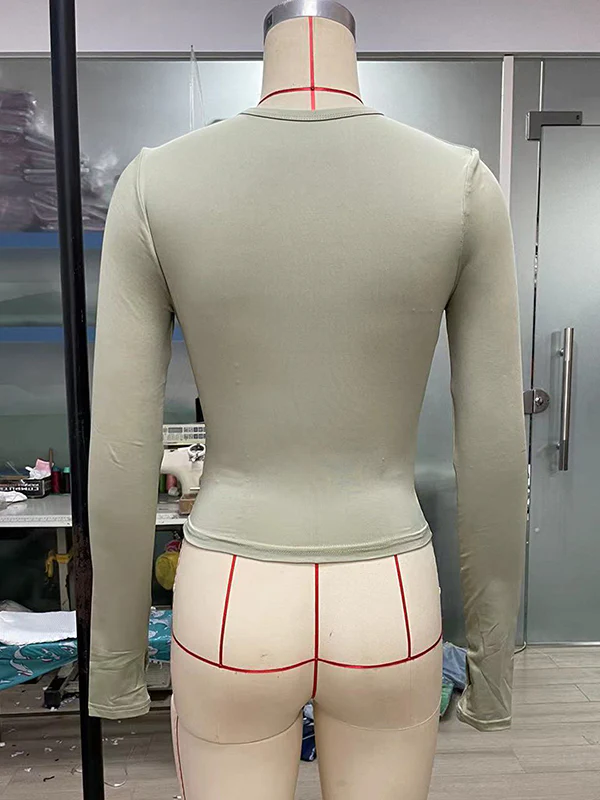 Long Sleeves Skinny Hollow Solid Color Round-Neck T-Shirts Tops - Image 28