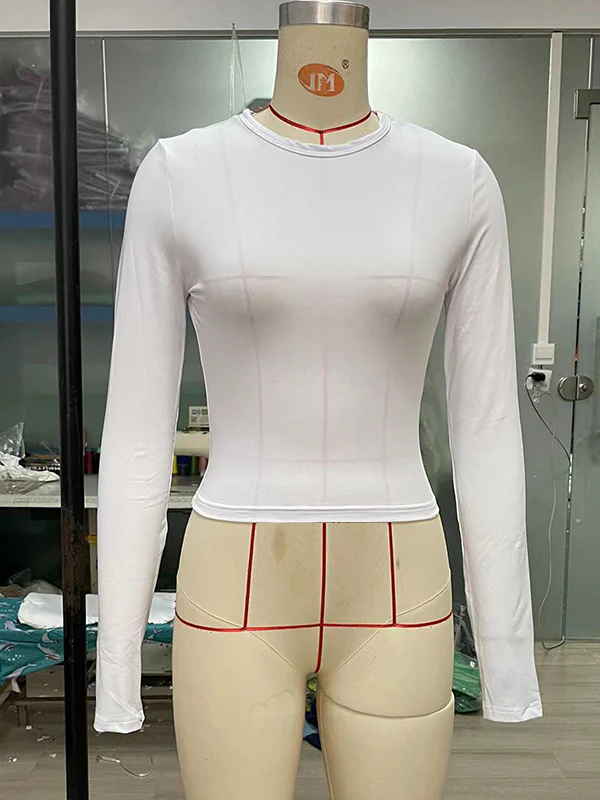 Long Sleeves Skinny Hollow Solid Color Round-Neck T-Shirts Tops - Image 29