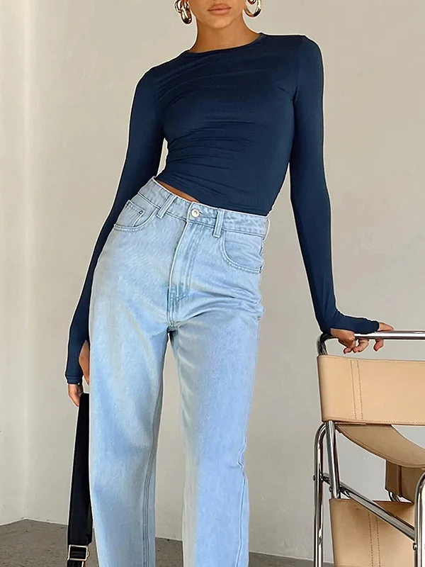 Long Sleeves Skinny Hollow Solid Color Round-Neck T-Shirts Tops - Image 3