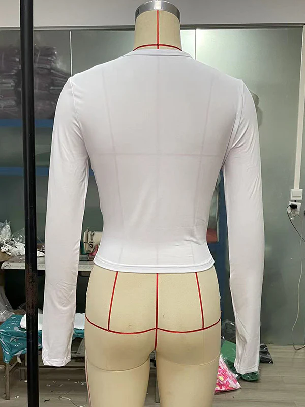 Long Sleeves Skinny Hollow Solid Color Round-Neck T-Shirts Tops - Image 30