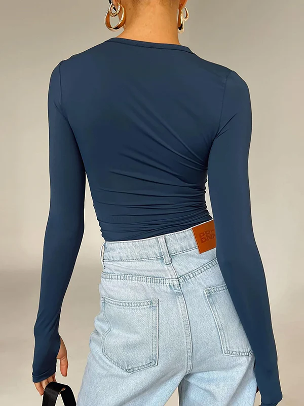 Long Sleeves Skinny Hollow Solid Color Round-Neck T-Shirts Tops - Image 4