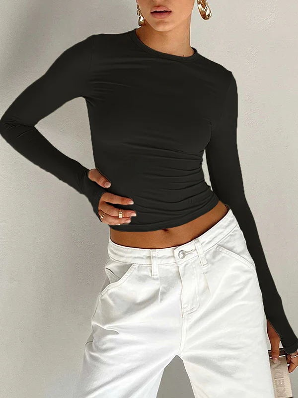 Long Sleeves Skinny Hollow Solid Color Round-Neck T-Shirts Tops - Image 5