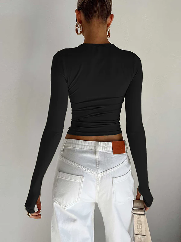 Long Sleeves Skinny Hollow Solid Color Round-Neck T-Shirts Tops - Image 7