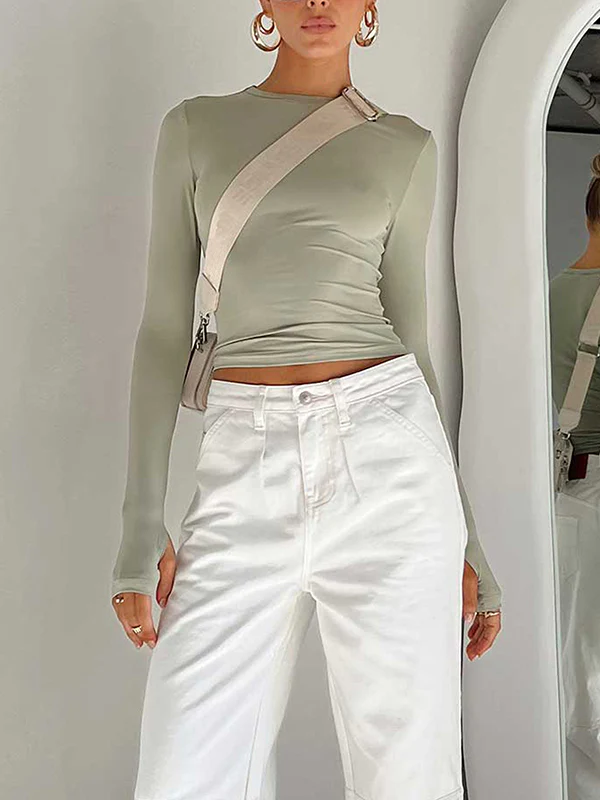 Long Sleeves Skinny Hollow Solid Color Round-Neck T-Shirts Tops - Image 8