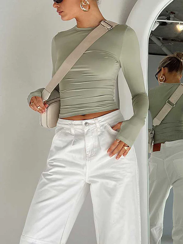 Long Sleeves Skinny Hollow Solid Color Round-Neck T-Shirts Tops - Image 9