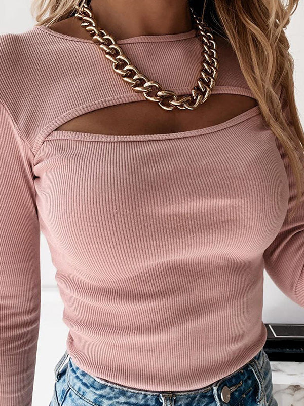 Long Sleeves Skinny Hollow Solid Color Round-Neck T-Shirts Tops - Image 6