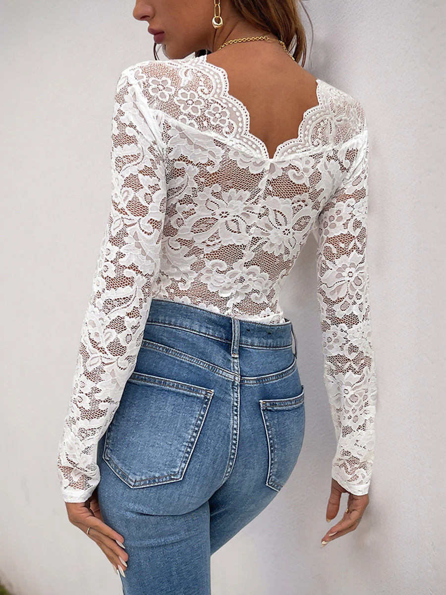 Long Sleeves Skinny Hollow Solid Color V-Neck Bodysuits - Image 5