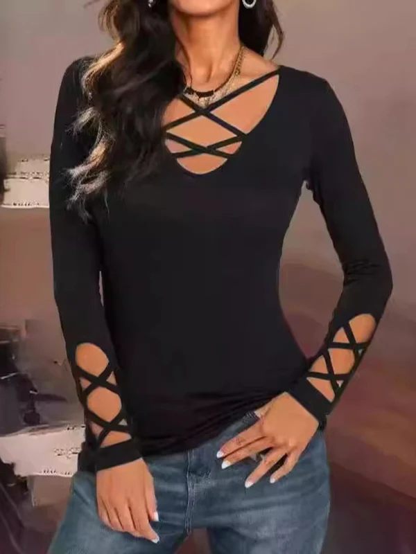 Long Sleeves Skinny Hollow Solid Color V-Neck T-Shirts Tops - Image 2