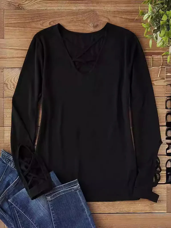 Long Sleeves Skinny Hollow Solid Color V-Neck T-Shirts Tops - Image 3