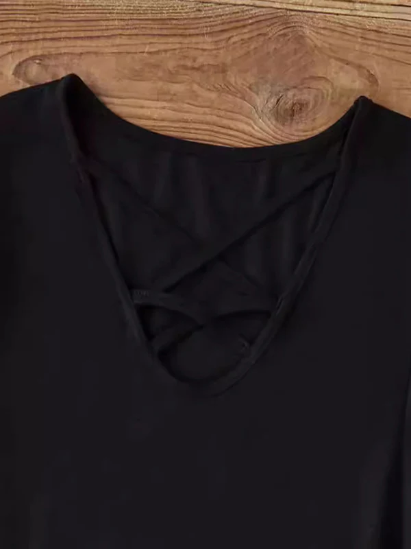 Long Sleeves Skinny Hollow Solid Color V-Neck T-Shirts Tops - Image 4