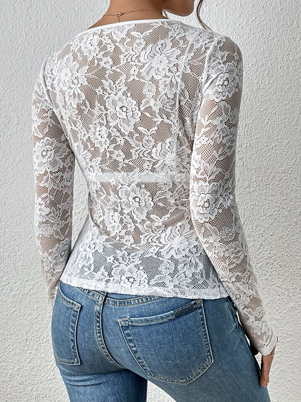 Long Sleeves Skinny Lacy See-Through Solid Color V-Neck T-Shirts - Image 12