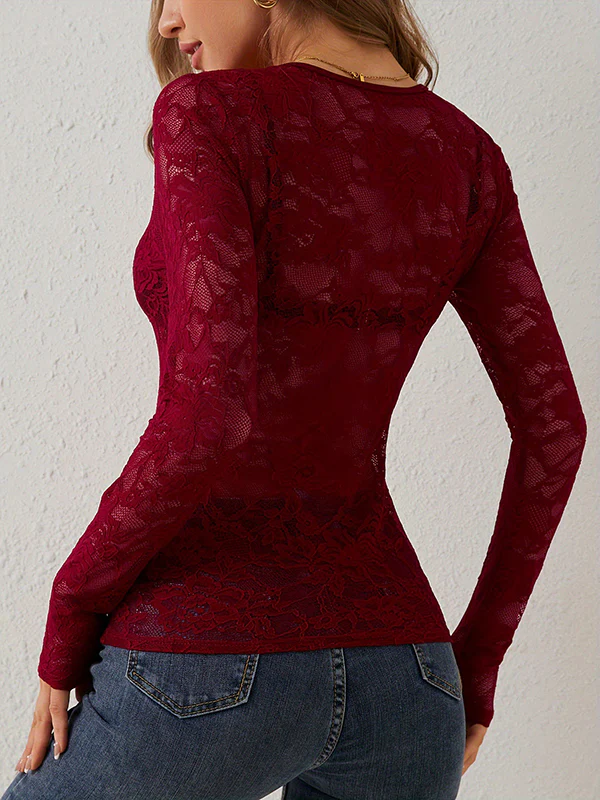Long Sleeves Skinny Lacy See-Through Solid Color V-Neck T-Shirts - Image 14