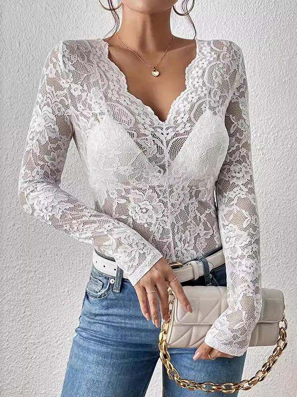 Long Sleeves Skinny Lacy See-Through Solid Color V-Neck T-Shirts - Image 2