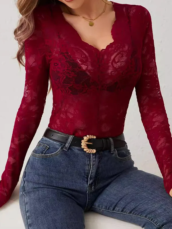 Long Sleeves Skinny Lacy See-Through Solid Color V-Neck T-Shirts - Image 4