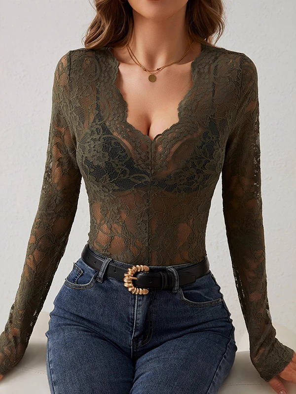 Long Sleeves Skinny Lacy See-Through Solid Color V-Neck T-Shirts - Image 5