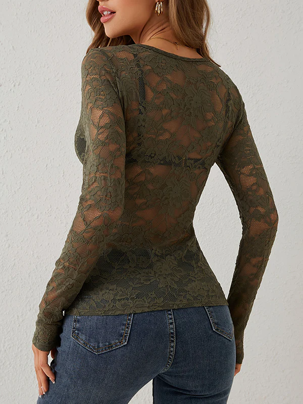 Long Sleeves Skinny Lacy See-Through Solid Color V-Neck T-Shirts - Image 7