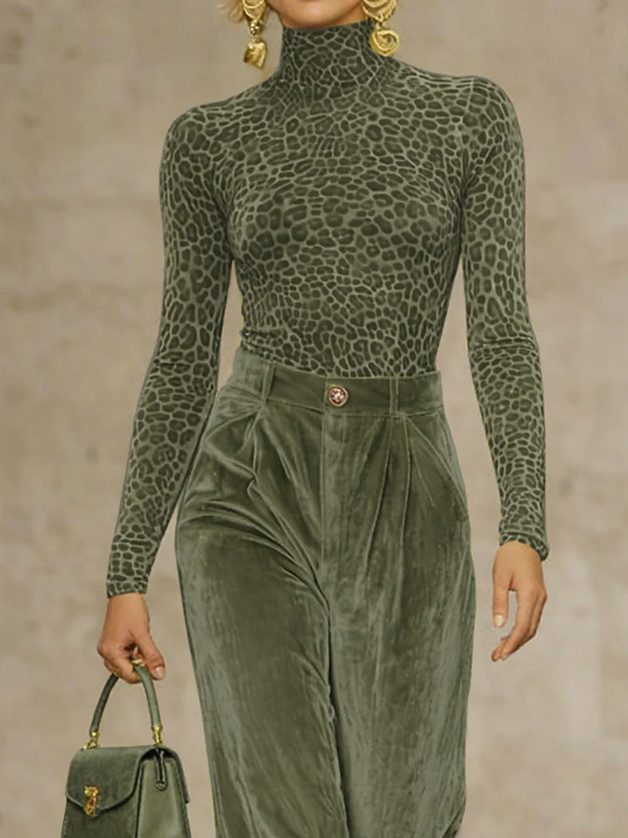 Long Sleeves Skinny Leopard High Neck T-Shirts Tops - Image 2