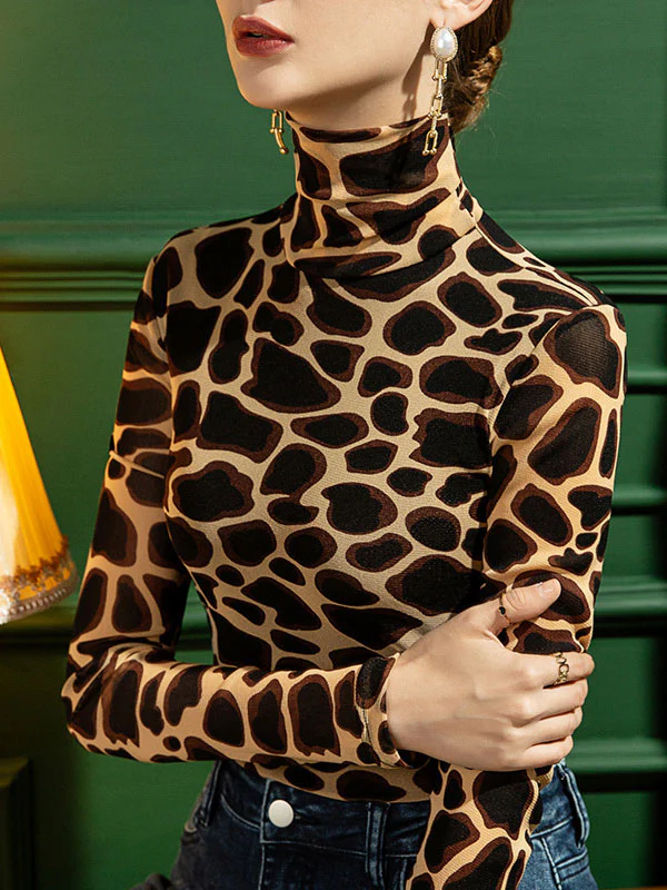 Long Sleeves Skinny Leopard High-Neck T-Shirts Tops - Image 2