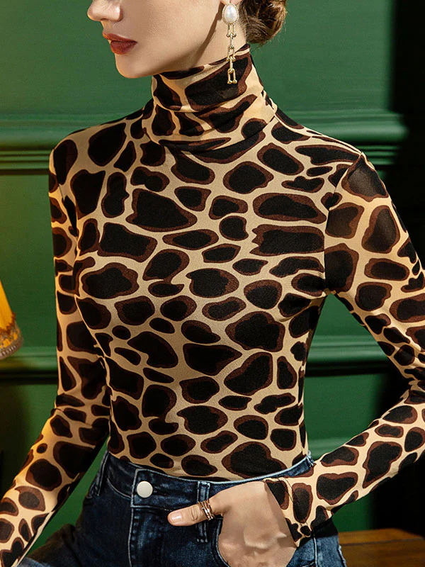Long Sleeves Skinny Leopard High-Neck T-Shirts Tops - Image 4