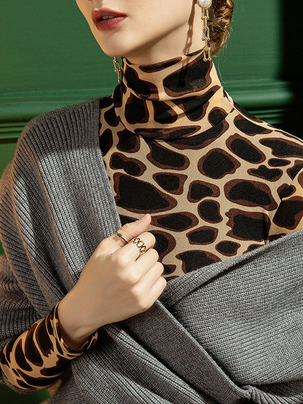 Long Sleeves Skinny Leopard High-Neck T-Shirts Tops - Image 5