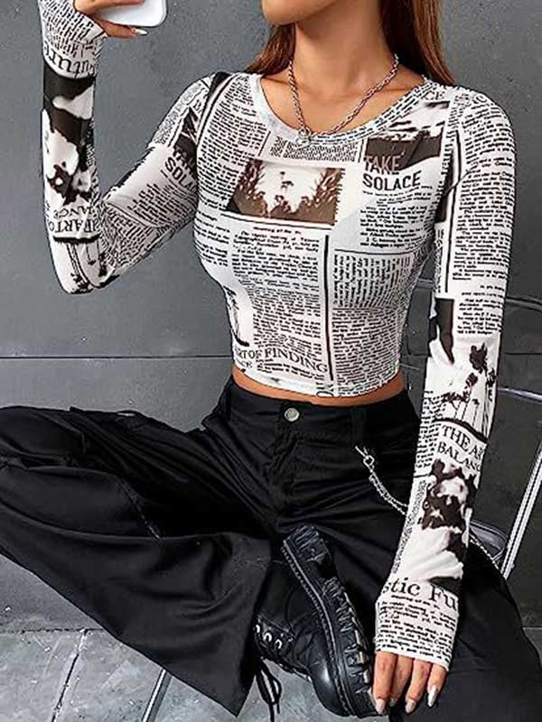 Long Sleeves Skinny Letter Print Round-Neck T-Shirts Tops
