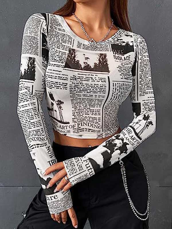 Long Sleeves Skinny Letter Print Round-Neck T-Shirts Tops - Image 2