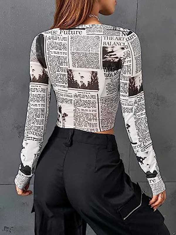Long Sleeves Skinny Letter Print Round-Neck T-Shirts Tops - Image 3