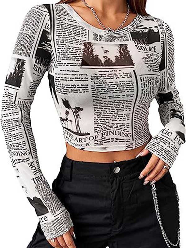 Long Sleeves Skinny Letter Print Round-Neck T-Shirts Tops - Image 4