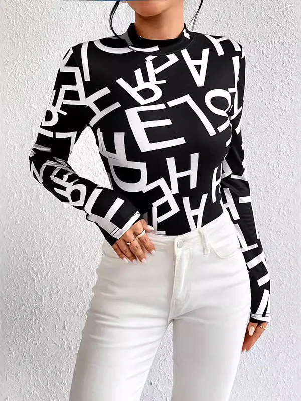 Long Sleeves Skinny Letter Print Split-Joint Mock Neck T-Shirts Tops - Image 2