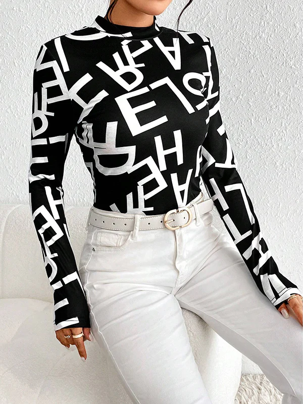 Long Sleeves Skinny Letter Print Split-Joint Mock Neck T-Shirts Tops - Image 4