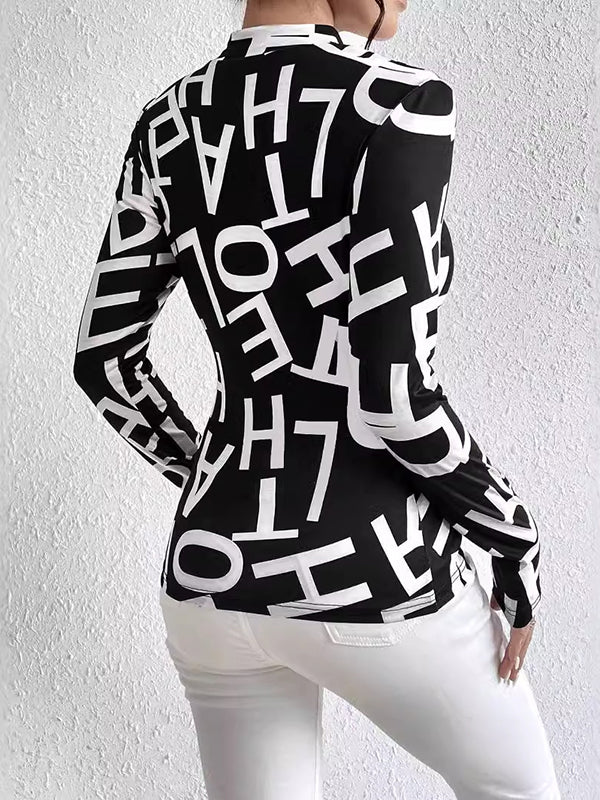 Long Sleeves Skinny Letter Print Split-Joint Mock Neck T-Shirts Tops - Image 5
