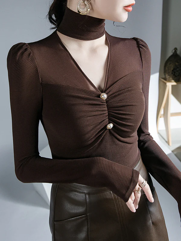 Long Sleeves Skinny Mesh Pleated Solid Color V-Neck T-Shirts Tops - Image 4