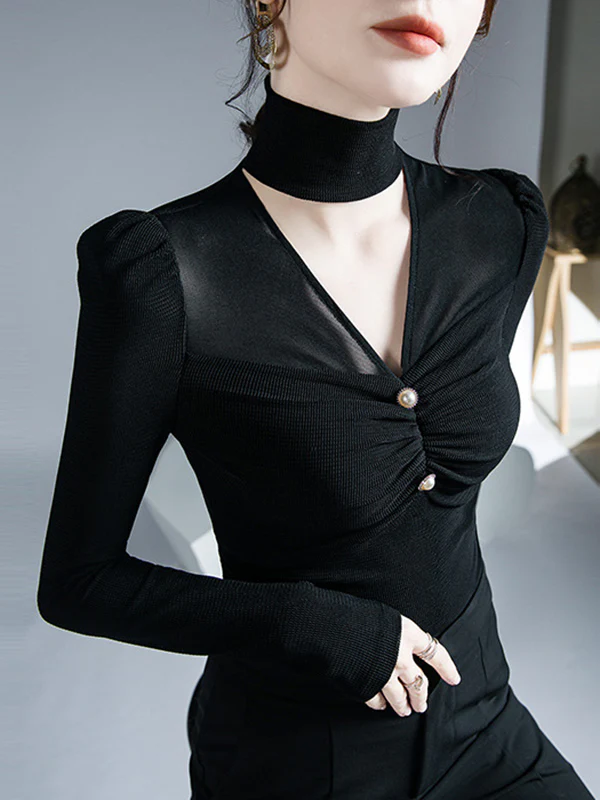 Long Sleeves Skinny Mesh Pleated Solid Color V-Neck T-Shirts Tops - Image 6