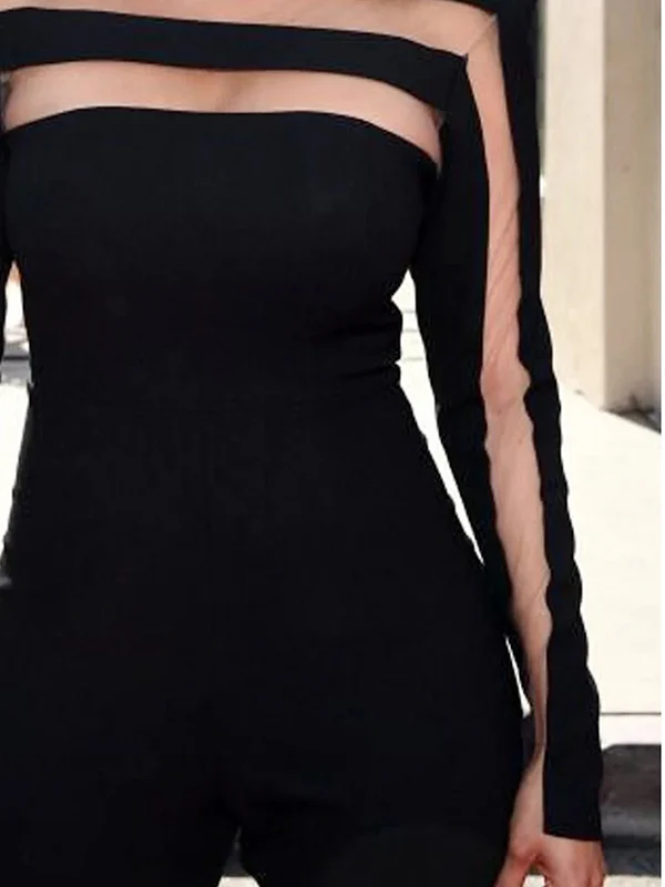 Long Sleeves Skinny Mesh Solid Color Split-Joint High Neck T-Shirts Tops - Image 3
