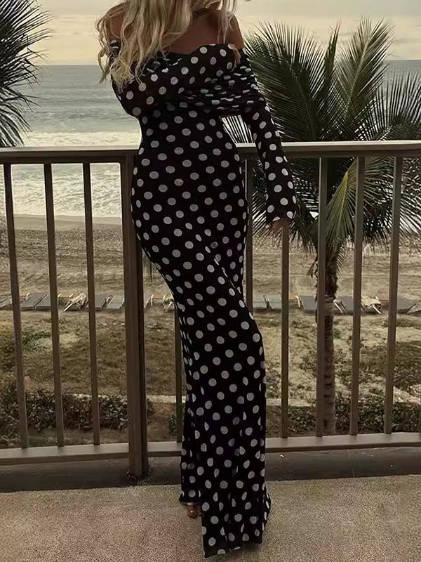 Long Sleeves Skinny Pleated Polka-Dot Split-Joint Tube Maxi Dresses - Image 2