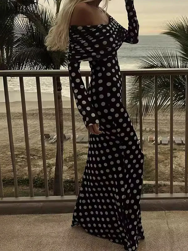 Long Sleeves Skinny Pleated Polka-Dot Split-Joint Tube Maxi Dresses - Image 3