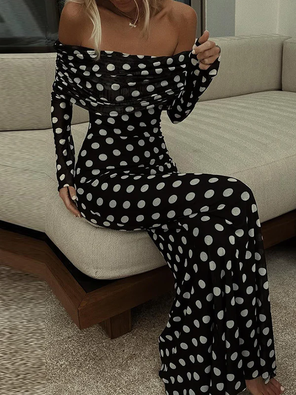 Long Sleeves Skinny Pleated Polka-Dot Split-Joint Tube Maxi Dresses - Image 6