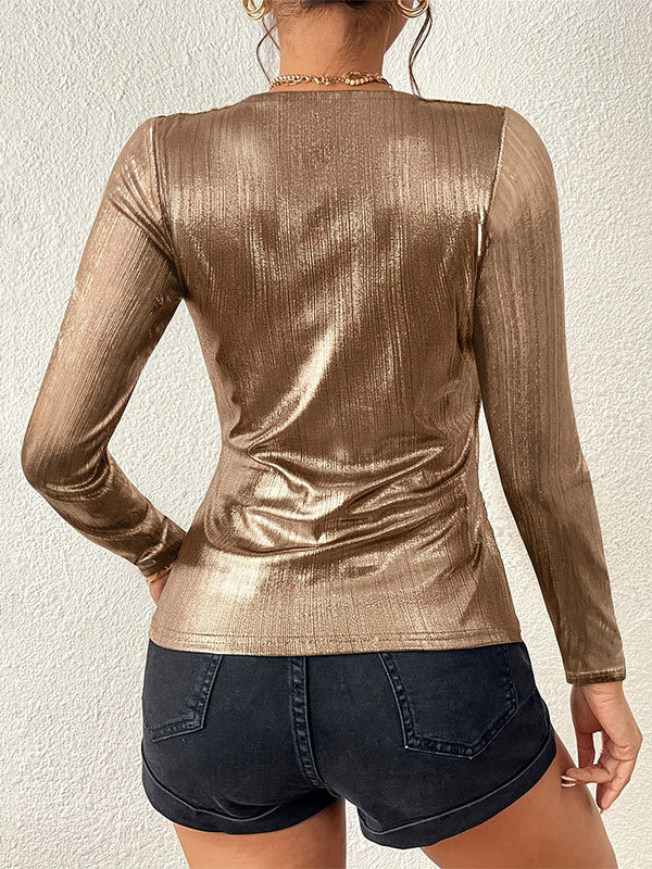 Long Sleeves Skinny Pleated Shiny Solid Color Split-Joint V-Neck T-Shirts - Image 4