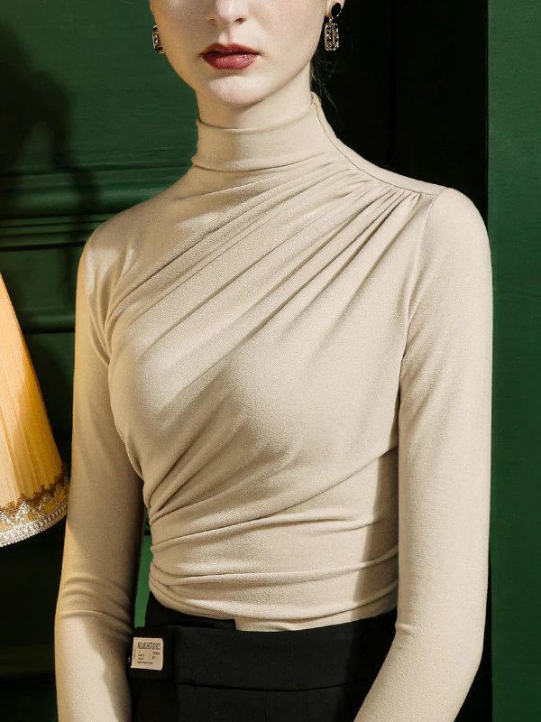 Long Sleeves Skinny Pleated Solid Color Half Turtleneck T-Shirts Tops - Image 2