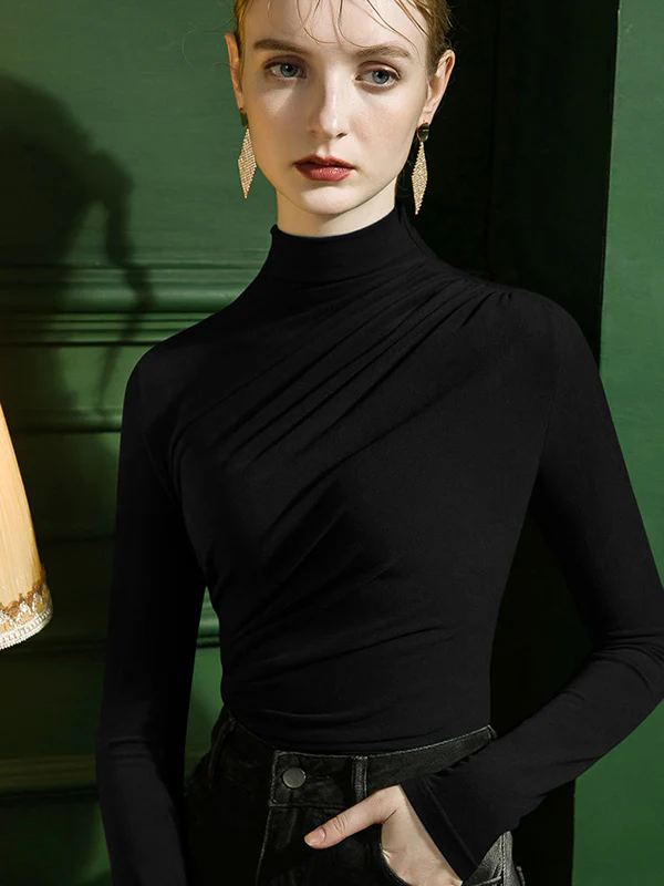 Long Sleeves Skinny Pleated Solid Color Half Turtleneck T-Shirts Tops - Image 9