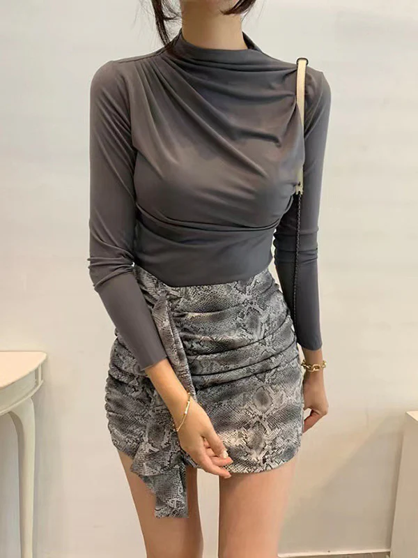 Long Sleeves Skinny Pleated Solid Color Mock Neck T-Shirts Tops - Image 10