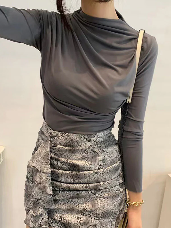 Long Sleeves Skinny Pleated Solid Color Mock Neck T-Shirts Tops - Image 11