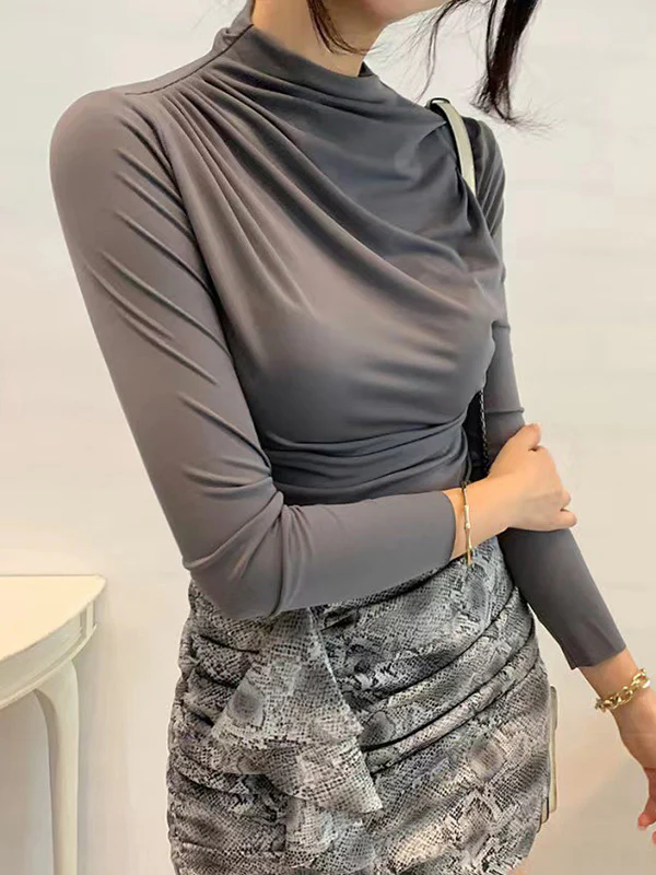 Long Sleeves Skinny Pleated Solid Color Mock Neck T-Shirts Tops - Image 12