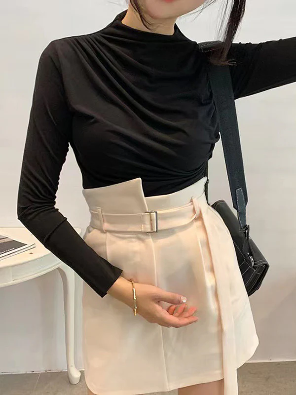 Long Sleeves Skinny Pleated Solid Color Mock Neck T-Shirts Tops - Image 13