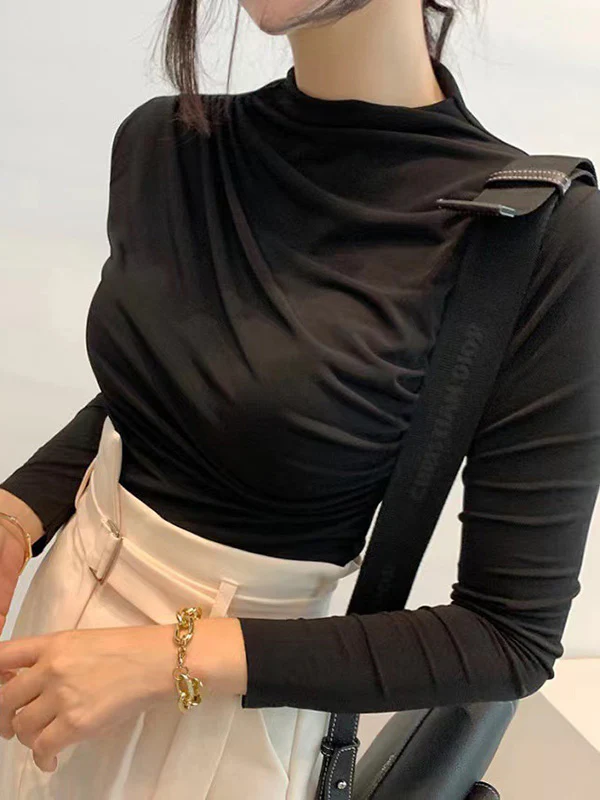 Long Sleeves Skinny Pleated Solid Color Mock Neck T-Shirts Tops - Image 14