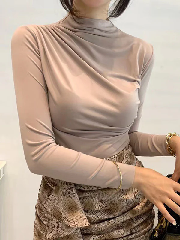 Long Sleeves Skinny Pleated Solid Color Mock Neck T-Shirts Tops - Image 15